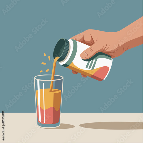A hand pours a vibrant liquid from a container into a clear glass, creating a dynamic splash effect and suggesting refreshment or health.