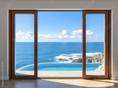 Large glass doors slide open to reveal a breathtaking ocean view, blue horizon, coastal design