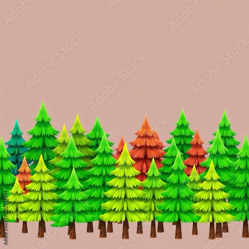 Vibrant green cartoon fir trees, isolated in groups, showcasing various varieties composition symbol, graphic, textured