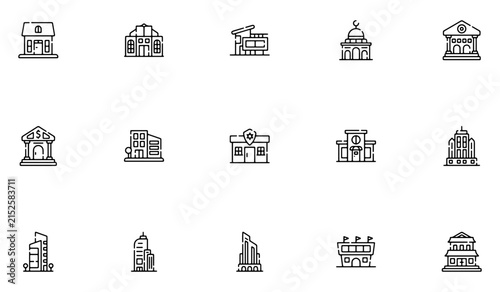 Urban infrastructure outline icons featuring commercial retail stores local schools hospitals gas stations and public city buildings for digital map ui design
