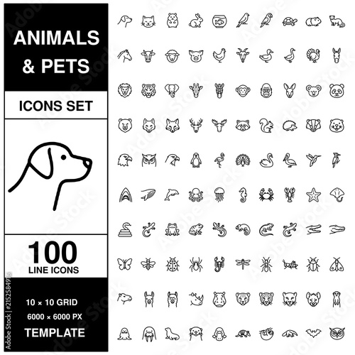 Extensive set of one hundred black line of animals and pets arranged in a ten by ten grid on a white background