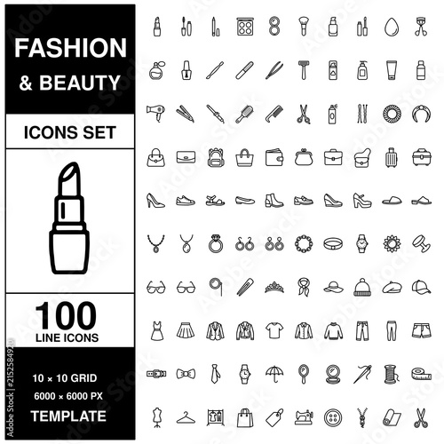 Extensive set of one hundred fashion and beauty line arranged in a grid for cosmetic and apparel industry projects