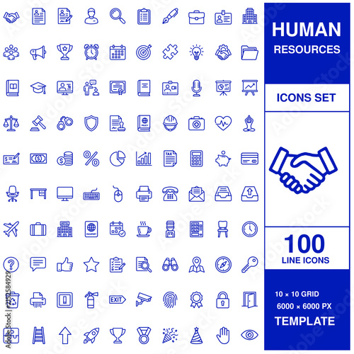Extensive set of one hundred human resources and business management line arranged in a ten by ten grid template