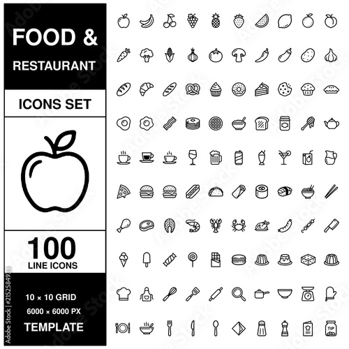 Large collection of one hundred food and restaurant line arranged in a ten by ten grid on a clean white background