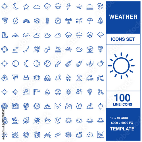One hundred blue line for weather forecasting, climate, meteorological phenomena, seasons, and natural environment