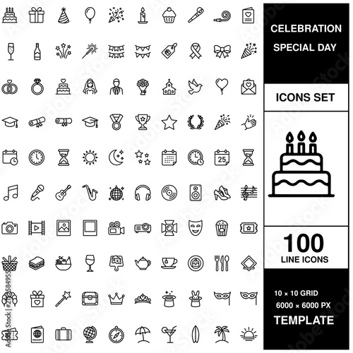 Set of 100 black line for celebration and special days featuring party wedding symbols, and festive birthday