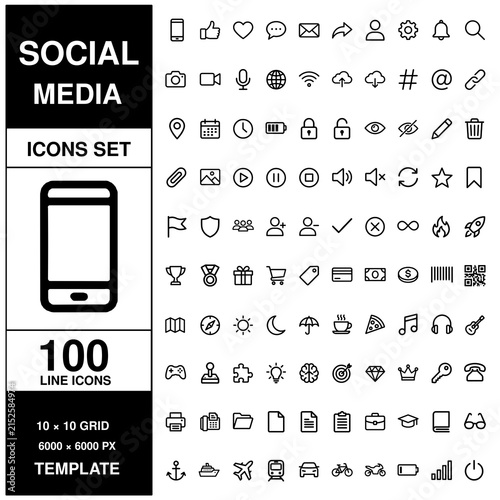 Social media set featuring 100 black line symbols for mobile apps, web interfaces, and digital communication tasks