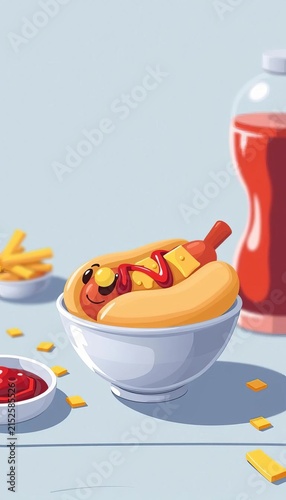 Fun food illustration of a cute cartoon hot dog in a bowl with ketchup and cheese, festive food, kid's food