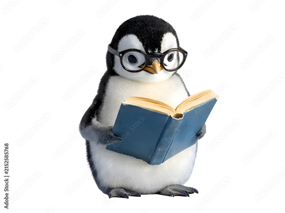Obraz premium Cute Penguin Wearing Glasses Reading a Book for Education and Learning on white background , Isolated on Transparent Background, PNG, Generative AI