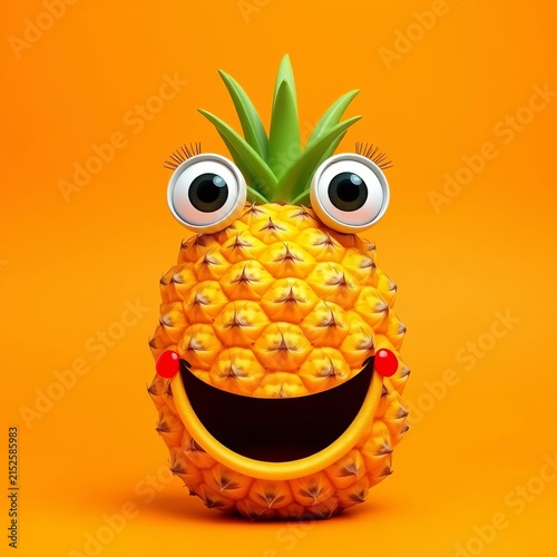 Whimsical pineapple with googly eyes and open mouth on orange background, graphics, summery feel