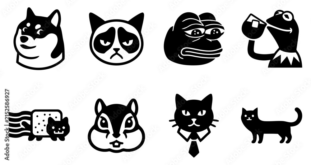 Obraz premium Set of black and white vector icons featuring popular internet meme characters and various stylized animal illustrations for creative design