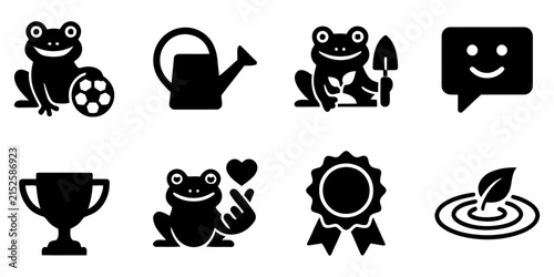 Set of black silhouette icons featuring cute frogs gardening sports trophies and various nature elements isolated on a white background