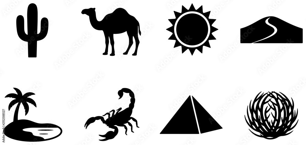 Fototapeta premium Desert Icons Collection: Camel, Cactus, Pyramid, Sun, Oasis, Scorpion, Dune, Plant