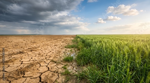 Environmental crisis contrast of cracked dry soil and vibrant green crops symbolizing climate change agricultural impact