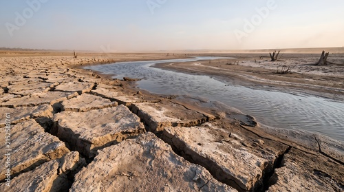 Extreme water depletion in arid riverbed featuring fractured mud and severe drought conditions in barren landscape