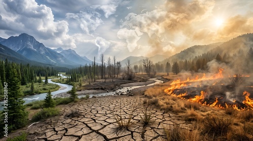 Climate change duality concept contrasting lush healthy nature with destructive wildfire and drought cracked earth beneath a global map
