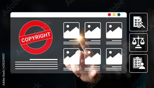 Fotografie This image depicts a digital interface showcasing copyright protection for stock photos, featuring touchscreen interaction, justice symbols, and document management elements