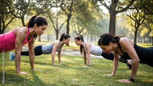 Women training outdoors in a park doing push ups in the morning sun with trees around