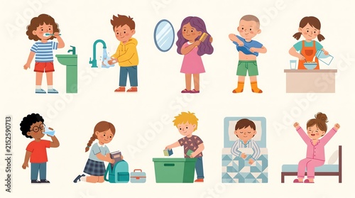 Geometric Children Practicing Healthy Daily Routines and Self-Care Illustration Collection