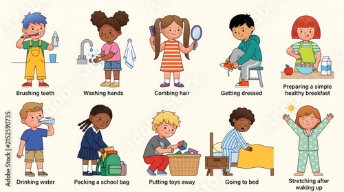 Modern Geometric Children Practicing Healthy Daily Routines and Self-Care Illustration Collection