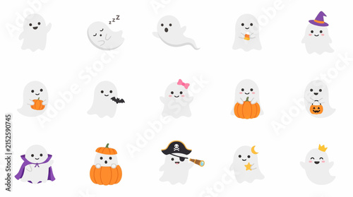A collection of flat vector ghost icons with various Halloween accessories and expressions
