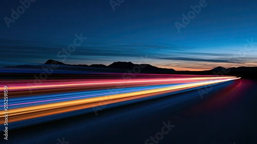 Streaking lights of red, orange, blue illuminate dark road at dusk