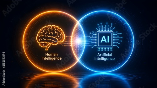 Glowing neural network intersection bridging human intelligence brain and artificial intelligence microchip in a dark futuristic cyberspace environment.