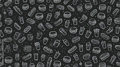 Repeating doodle pattern of various fast food items on a black background