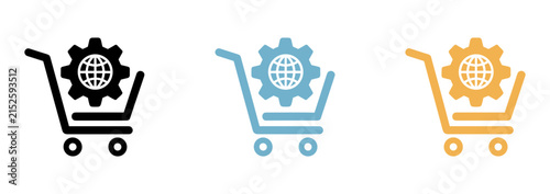 E-commerce Icons Set: A collection of simple, modern icons representing online shopping carts, each featuring a gear with a globe inside, symbolizing global e-commerce and operations.