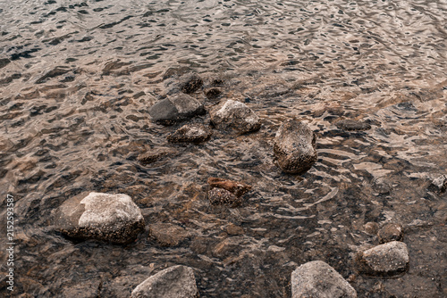 Rocks submerged in clear rippling shallow water at lake shore