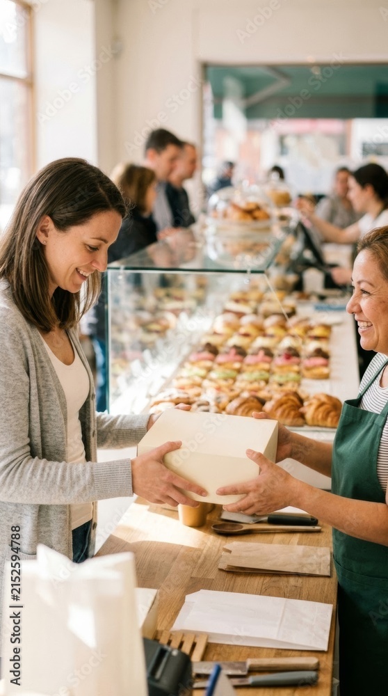 Obraz premium Customer receiving a cake box from a baker in a bright, bustling pastry shop with vibrant pastries on display