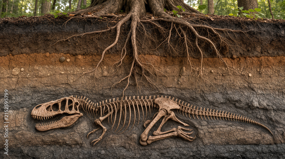 Obraz premium Cross section of soil showing dinosaur skeleton buried deep underground beneath tree roots. Paleontology and geology concept with fossilized remains in sedimentary layers.