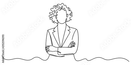 Continuous single line drawing of a confident businesswoman with curly hair standing with arms crossed isolated on a white background Vector, illustration