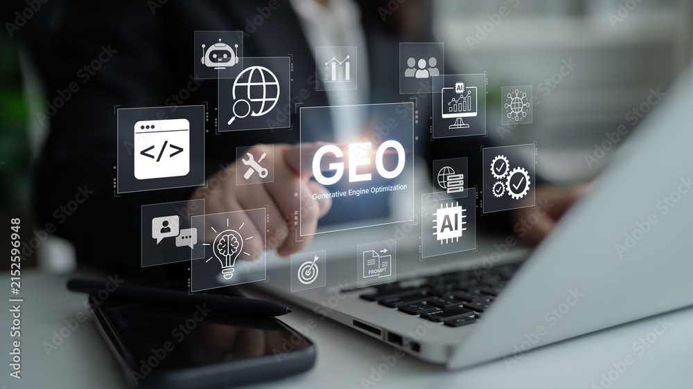 Obraz premium Digital marketing concept featuring GEO strategy, optimizing content for AI search engines and large language models. Evolution of SEO, brand authority, and AI citation visibility. Corpus