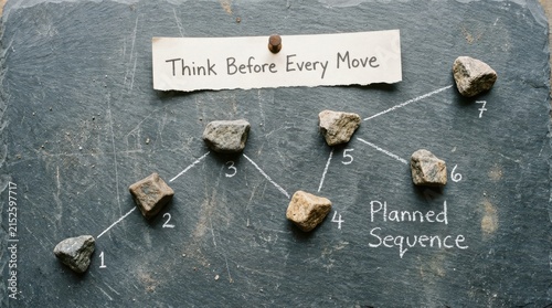 Strategic planned sequence with seven numbered stones connected by chalk lines on a dark slate background, representing a logical workflow or business strategy for success and careful