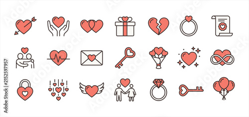Картината върху платно Collection of romantic line icons depicting love relationships and affectionate