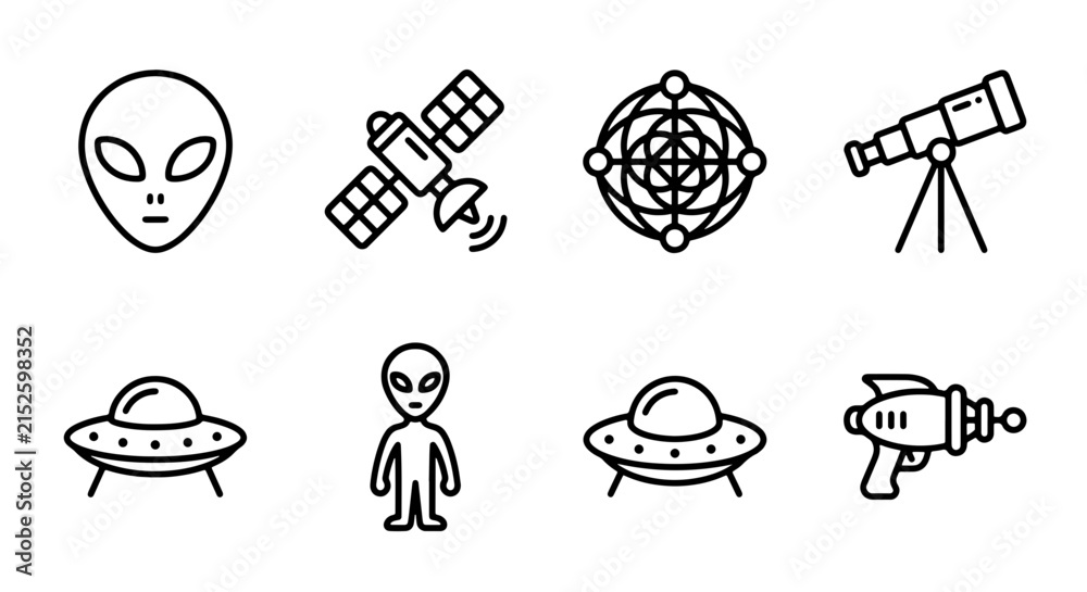 Fototapeta premium Alien Icons, Spacecraft, Telescope, UFO, Sci-Fi Symbols, Vector Set