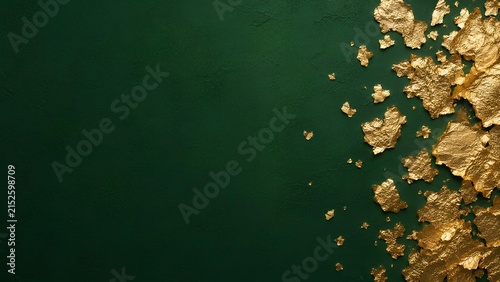 深緑の背景の右側に配置された金箔 / Gold leaf placed on the right side of a deep green background (Generative AI)