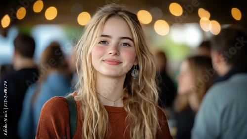 Young caucasian woman smiling in a crowd with warm lighting and soft focus