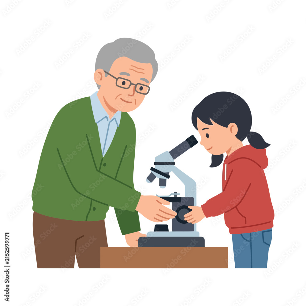 Fototapeta premium Elderly grandfather and his young granddaughter using a microscope together in a science learning environment illustration