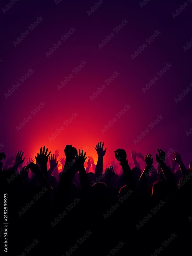Fototapeta premium Crowd silhouette with raised hands in dark party concert festival concept vector illustration, Nightlife, Illuminated