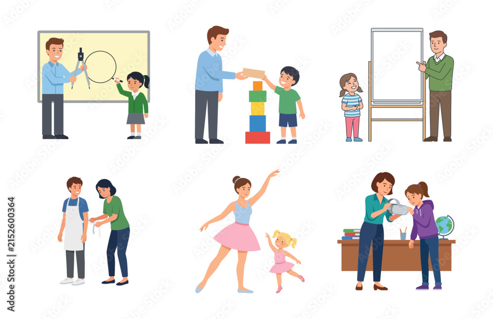 Fototapeta premium Set of flat vector illustrations depicting various educational and creative activities between adults and children