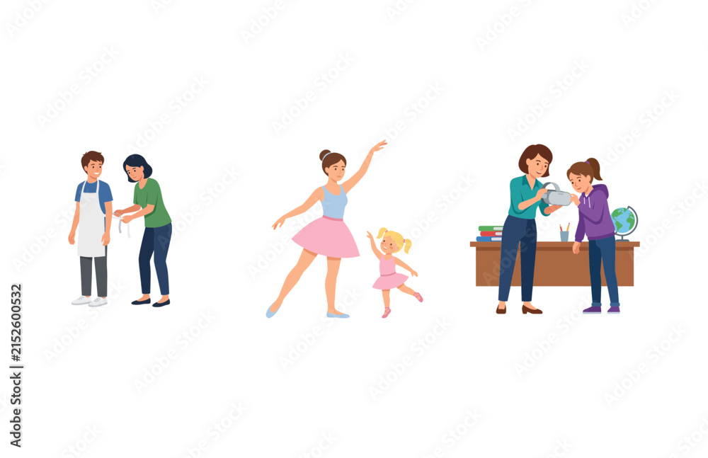 Obraz premium Set of illustrations showing a woman helping a boy, ballet dancers, and a teacher instructing a student at a desk.