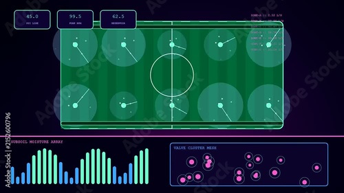 Innovative stadium infrastructure displays digital data overlays on a soccer pitch showing irrigation levels and moisture sensor statistics through animated graphical user interface design elements