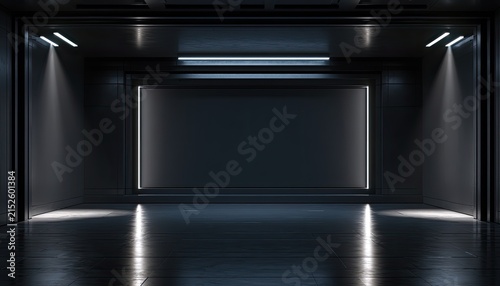 Dimly lit, futuristic, empty chamber with a large, glowing rectangular portal
