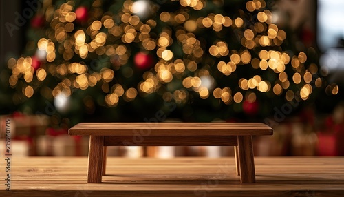 Empty wooden stand in front of a warmly lit, blurred Christmas tree