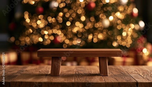 Empty wooden display bench in front of a blurred festive Christmas tree with glowing lights