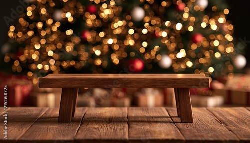 Rustic wooden table in front of a blurred, glowing Christmas tree & gifts