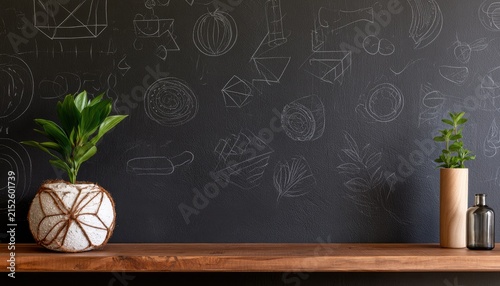 Plants in decorative pots on wooden shelf against chalkboard with sketches