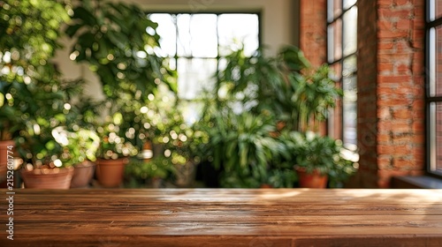 Sunlit wooden table in front of lush, green indoor plants and brick wall